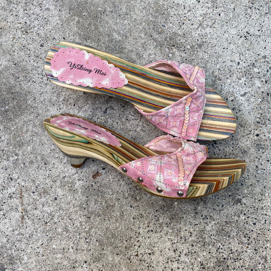 Vintage 2000's Summer Multi Color Mules with Pink Sequin Detail (37)