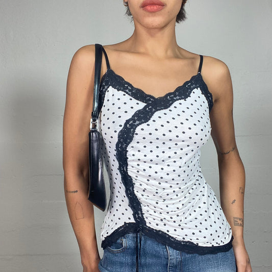 Vintage 2000's Soft Girl White Top with Polka Dots Print and Lace Trim Detail (S)