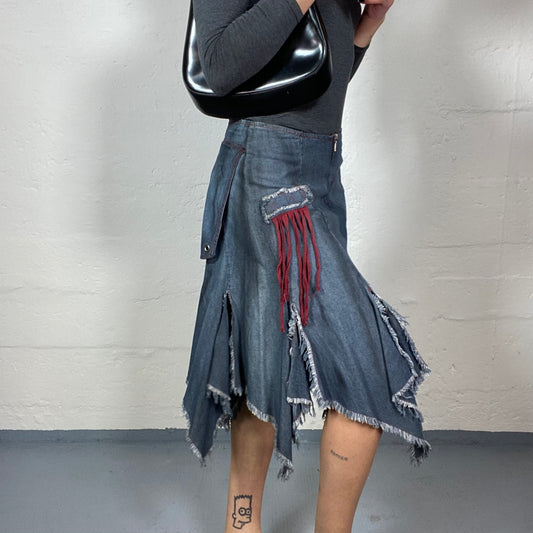 Vintage 90's Downtown Girl Denim Midi Skirt with Layered Deconstructed Cut Detail (M)