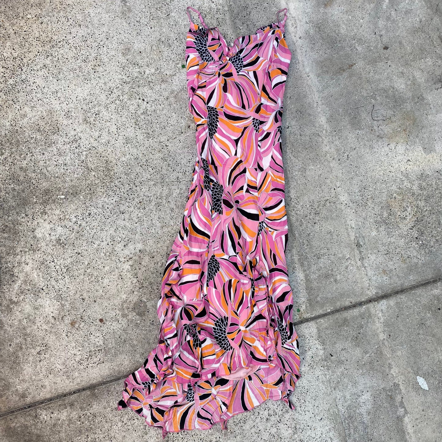 Vintage 2000's Summer Pink and Orange Funky Printed Midi Dress (S)