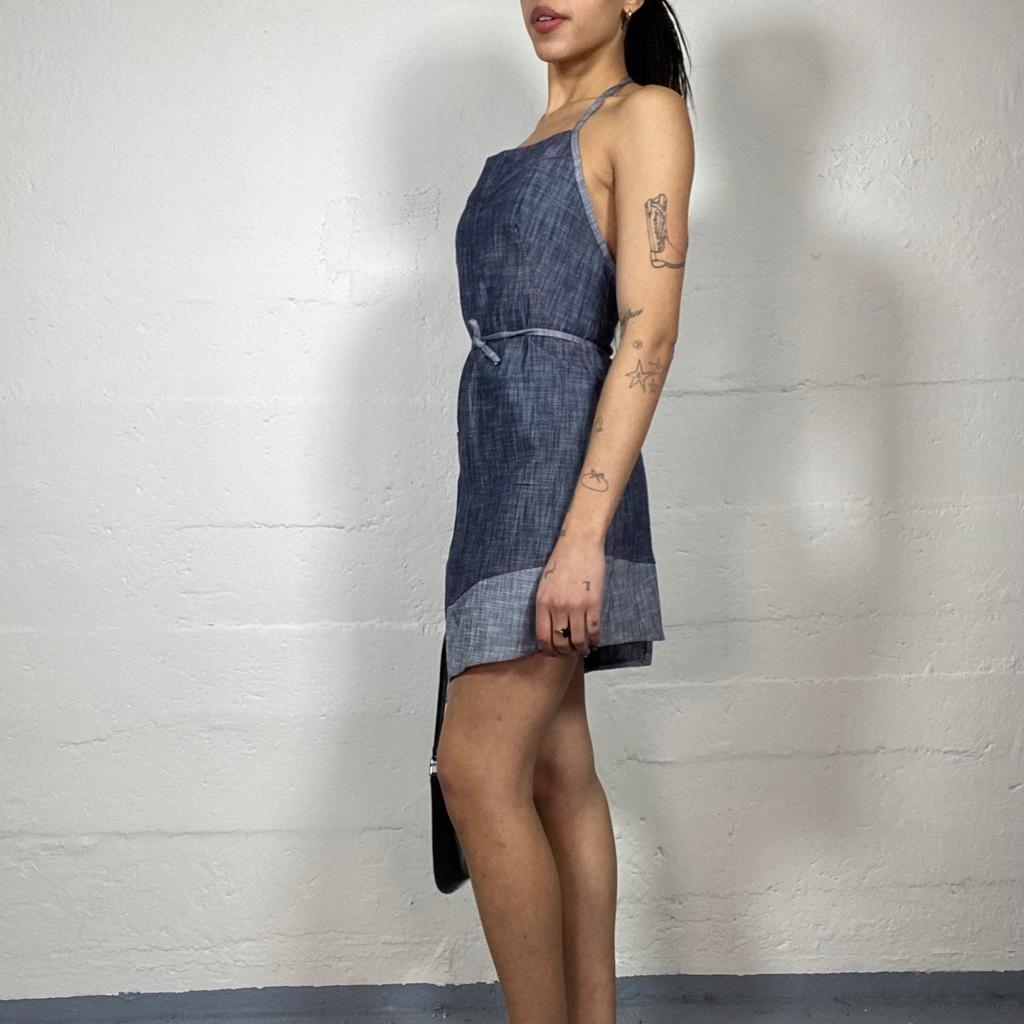 Vintage 90's Milkmaid Denim Open Back Mini Dress with Asymmetric Cut and(S/M)