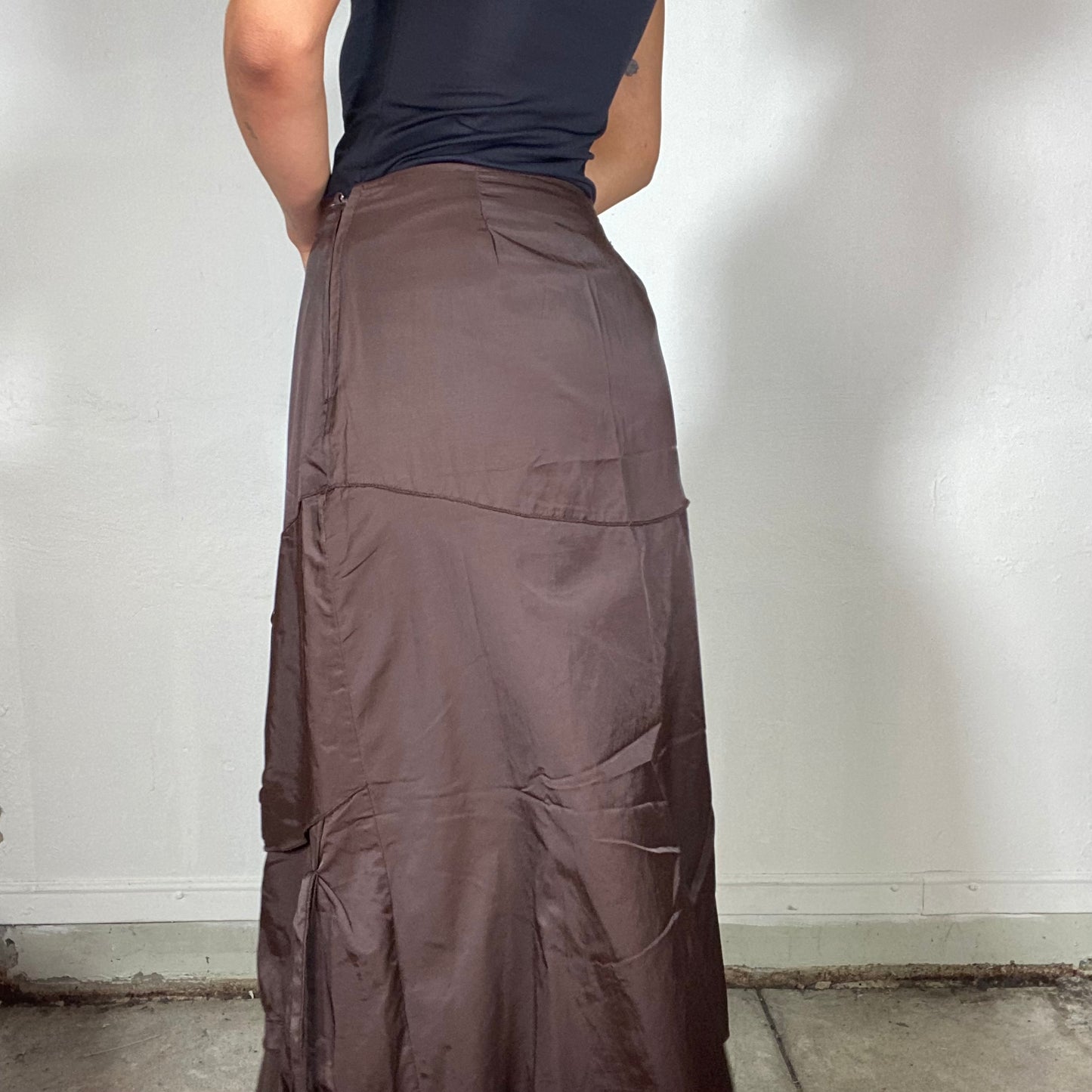 Vintage 90's Cyber Vibes Dark Brown Maxi Skirt with Layered Draped Design (S)