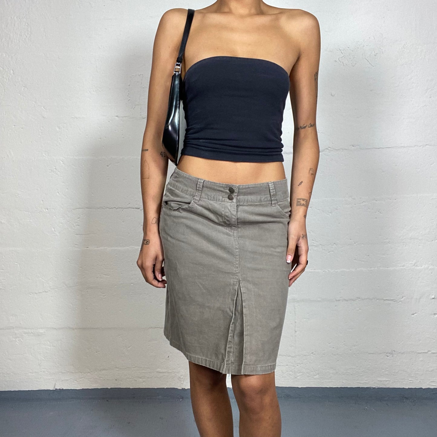 Vintage 90's Rachel Green Grey Cotton Midi Pencil Skirt (S)