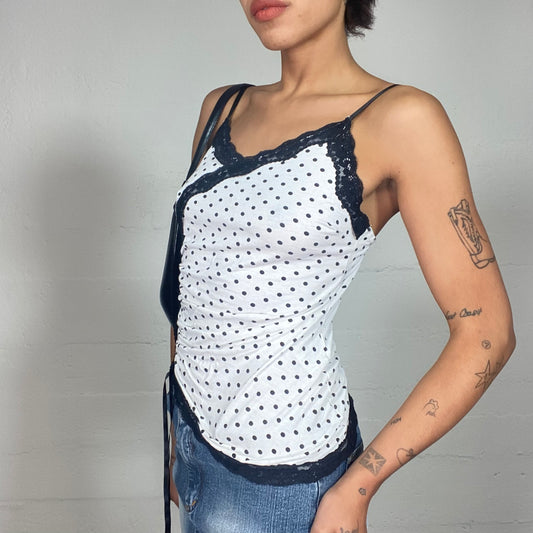 Vintage 2000's Soft Girl White Top with Polka Dots Print and Lace Trim Detail (S)