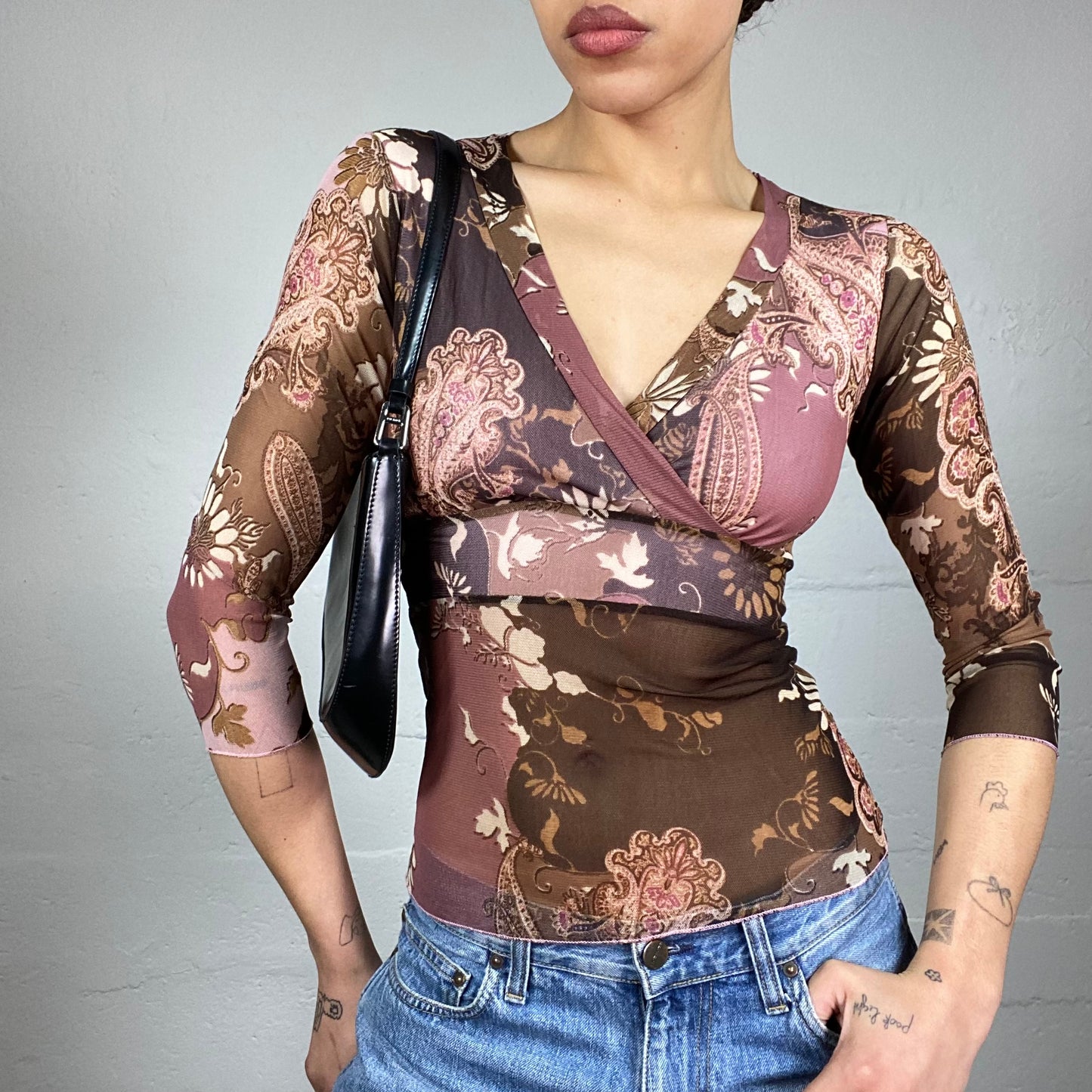 Vintage 90's Downtown Girl Pink & Brown Longsleeve Top with Floral Print and Mesh Bottom Detail (S)