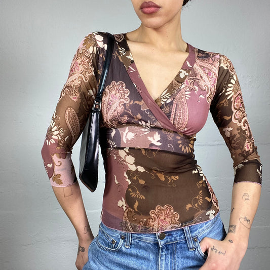 Vintage 90's Downtown Girl Pink & Brown Longsleeve Top with Floral Print and Mesh Bottom Detail (S)