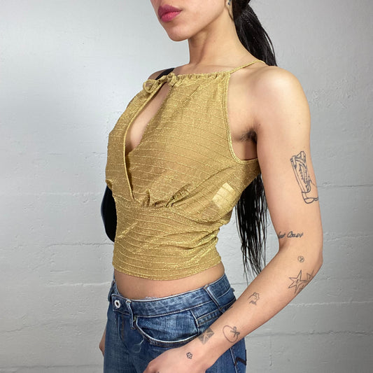 Vintage 2000's Clubwear Gold Cropped Top with Open Neckline Detail (S)