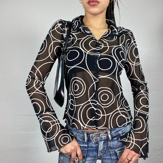 Vintage 2000's Funky Black Longsleeve Button Up See Through Shirt with White Wavy Print (S)