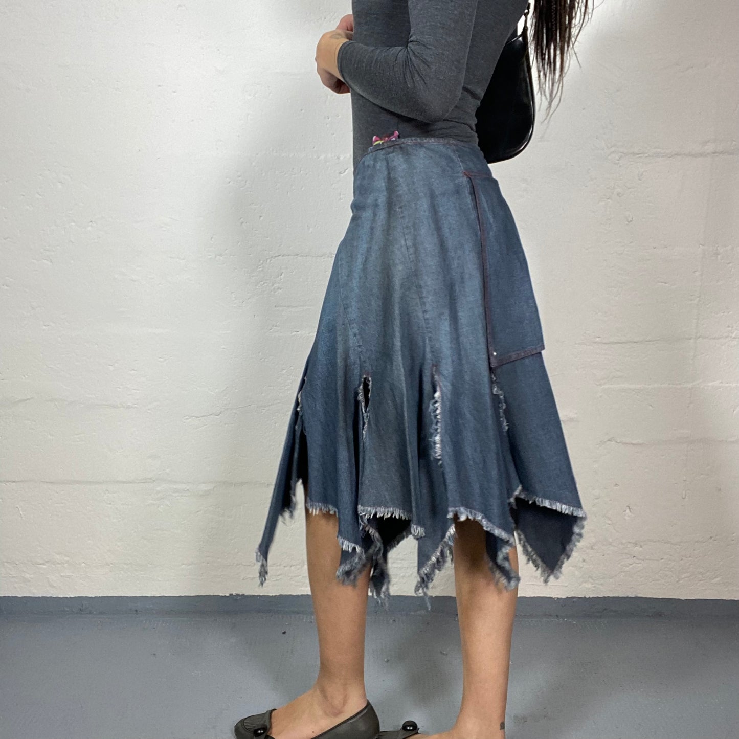 Vintage 90's Downtown Girl Denim Midi Skirt with Layered Deconstructed Cut Detail (M)