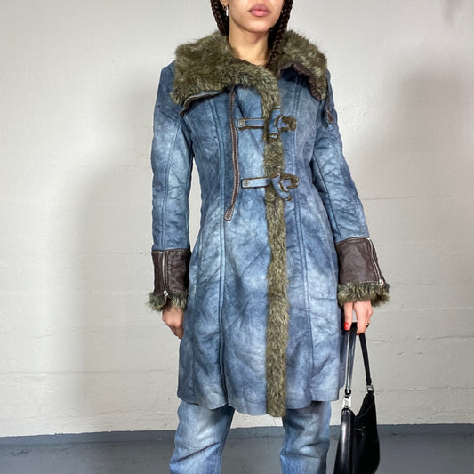 Vintage 2000's Miss Sixty Bratz Blue Maxi Afghan Coat with Faux Fur Brown Collar and Sleeves Detail (M)