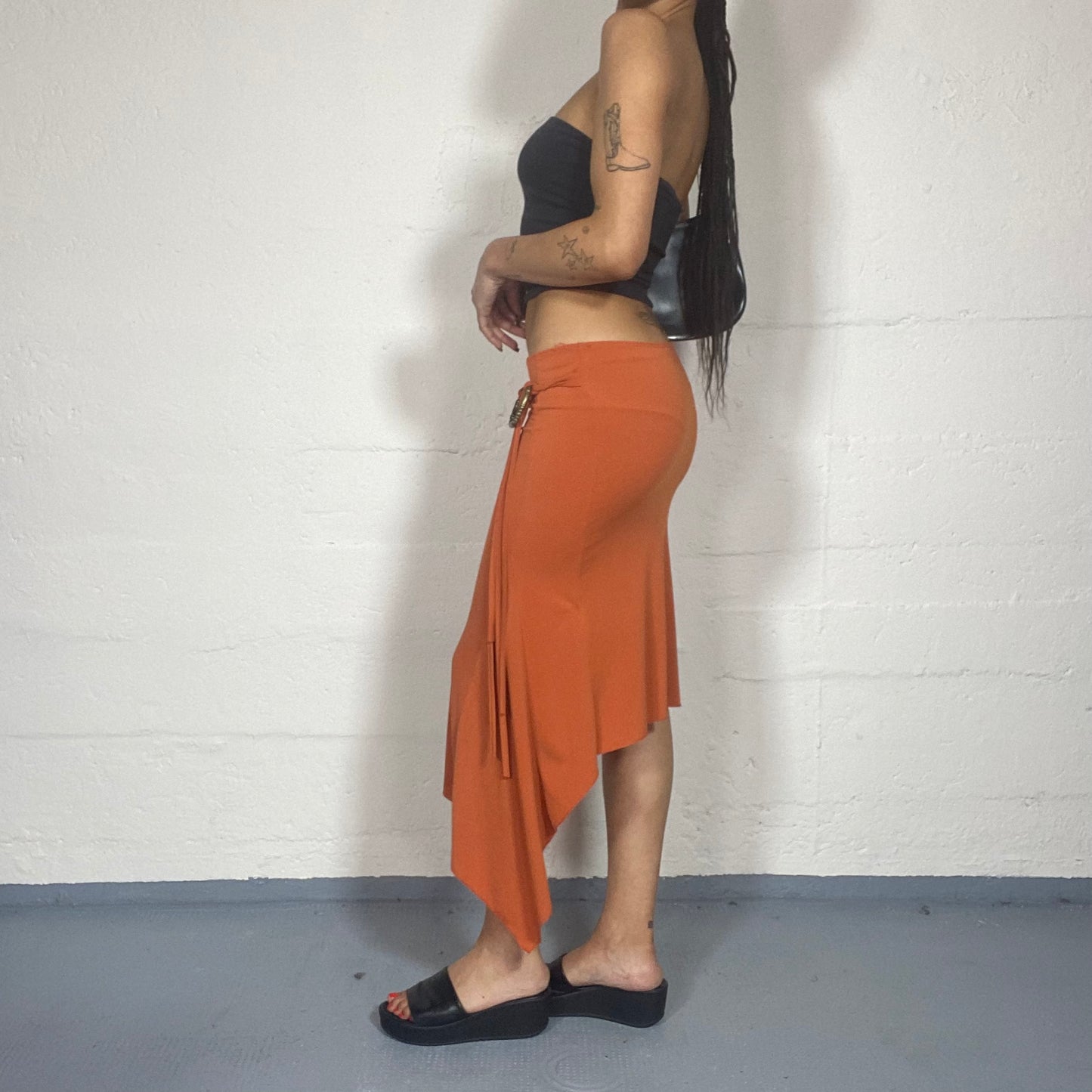 Vintage 2000's Fairy Orange Midi Skirt with Asymmetric Cut and Metal Ring Detail (S)