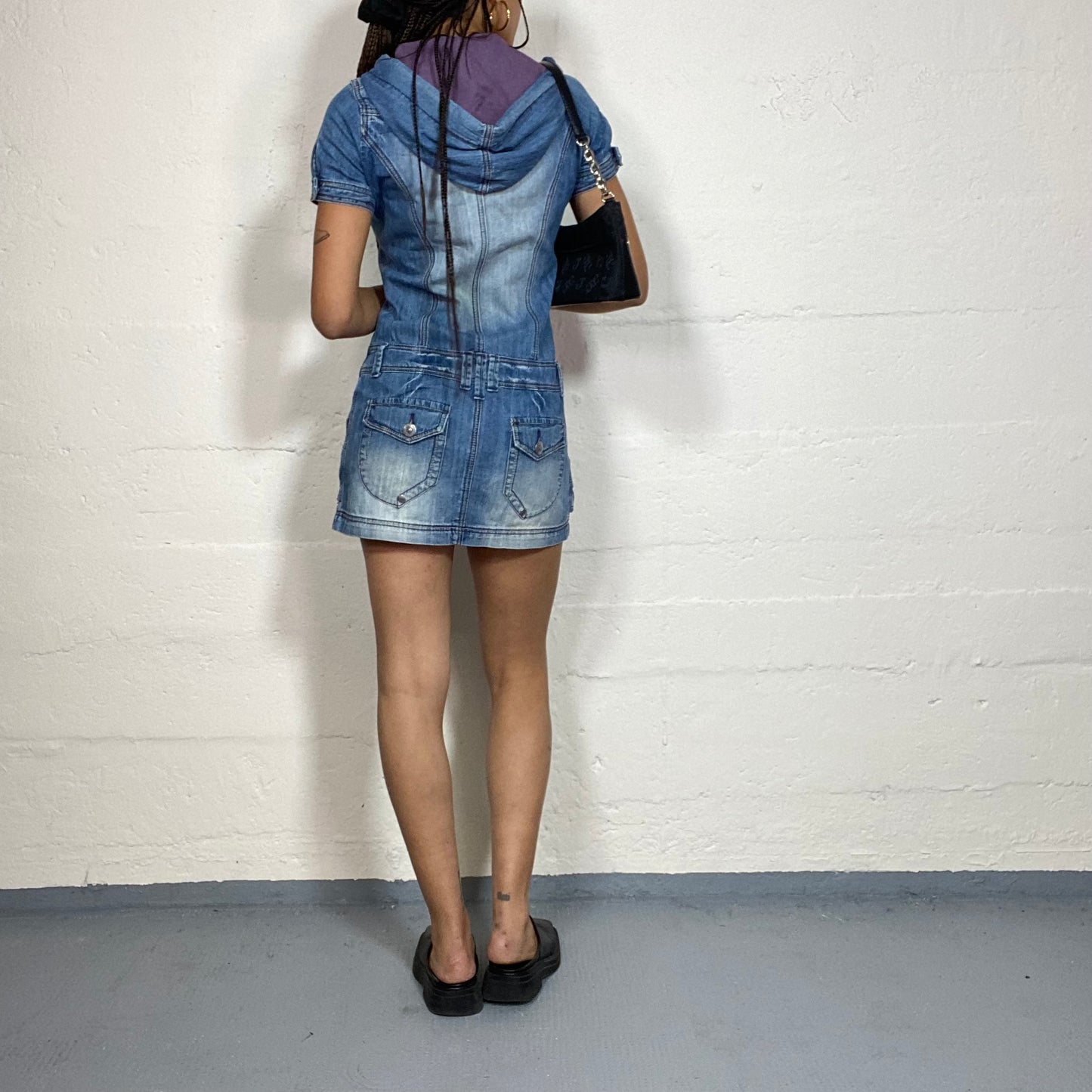 Vintage 2000's Cyber Denim Mini Cargo Dress with Zip Up and Hoodie Detail (XS)