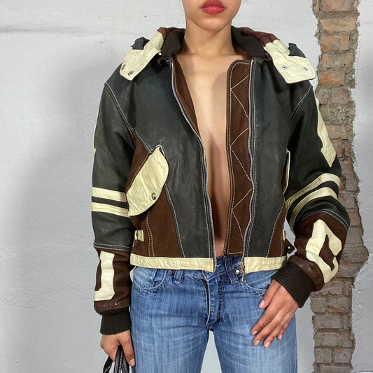 Vintage 90's Streetstyle Black Brown and White Leather Jacket with Hood (M)