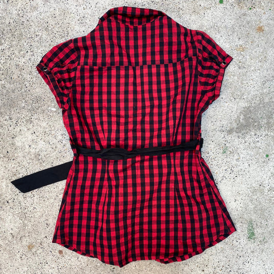 Vintage 2000's Punky Red and Black Gingham Short Sleeve Button Up (S)