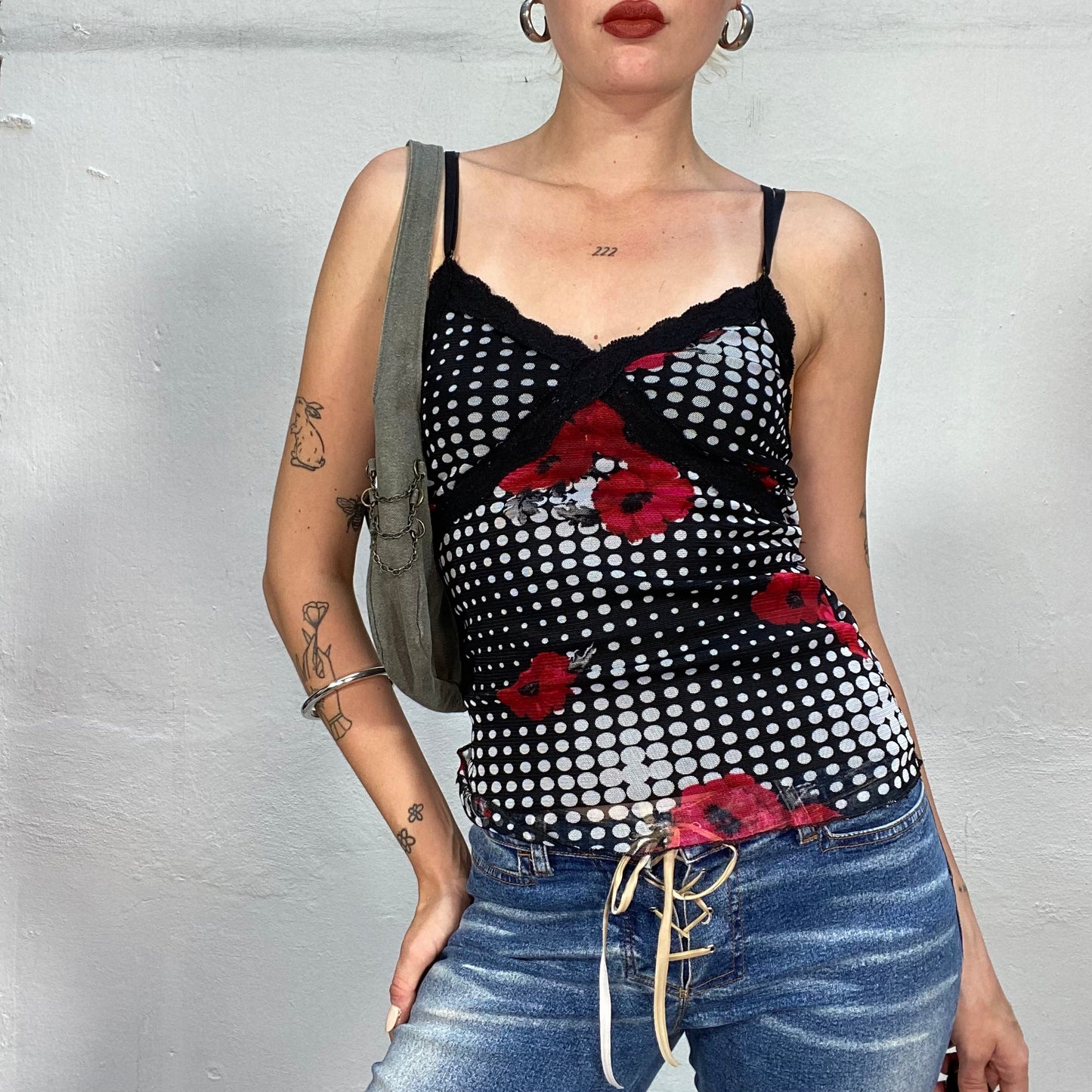 Vintage 2000's Downtown Girl Black Cami Top with Psychodelic Red Flower Print (S)