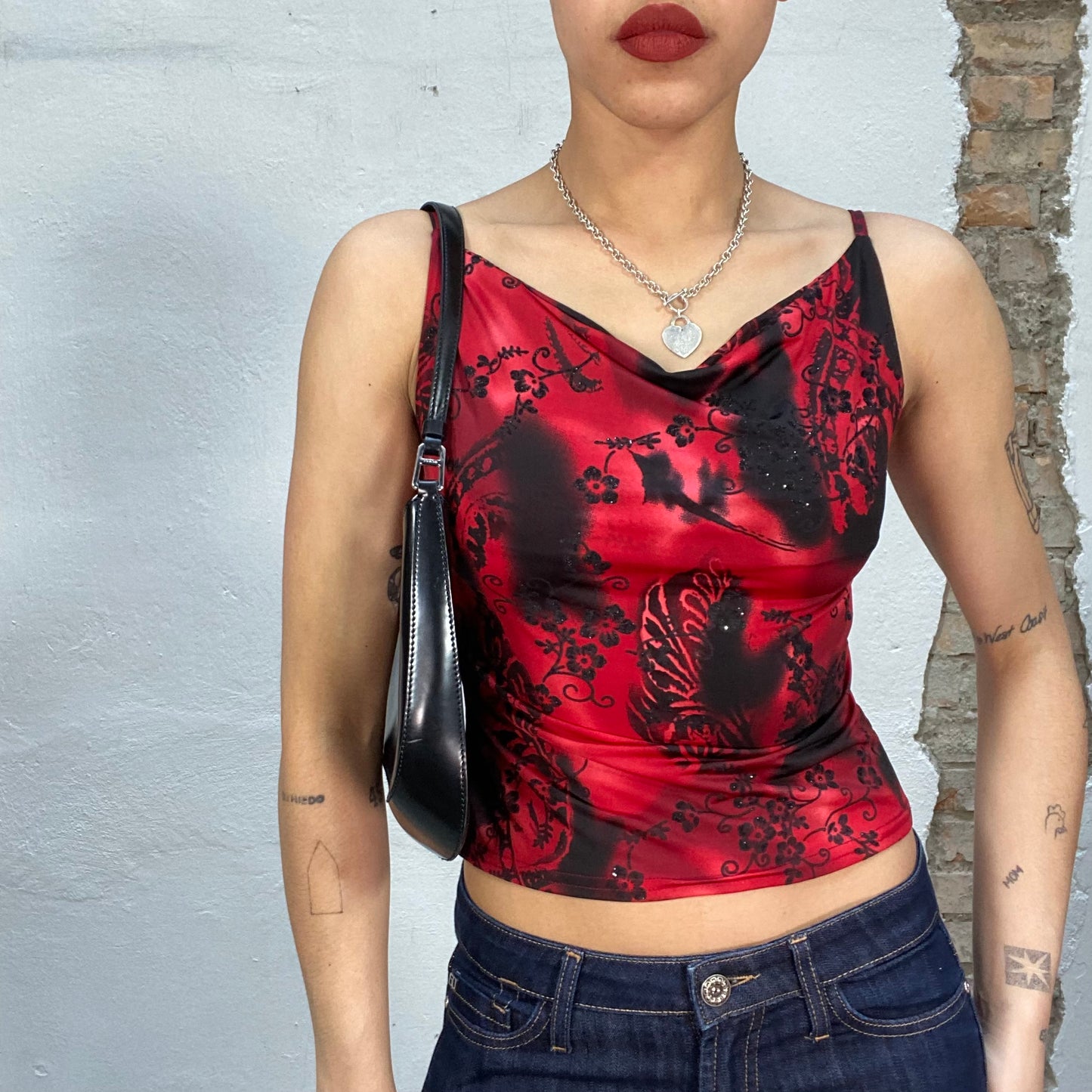 Vintage 2000's Gothic Red Batik Top with Black Ornament Print (S)