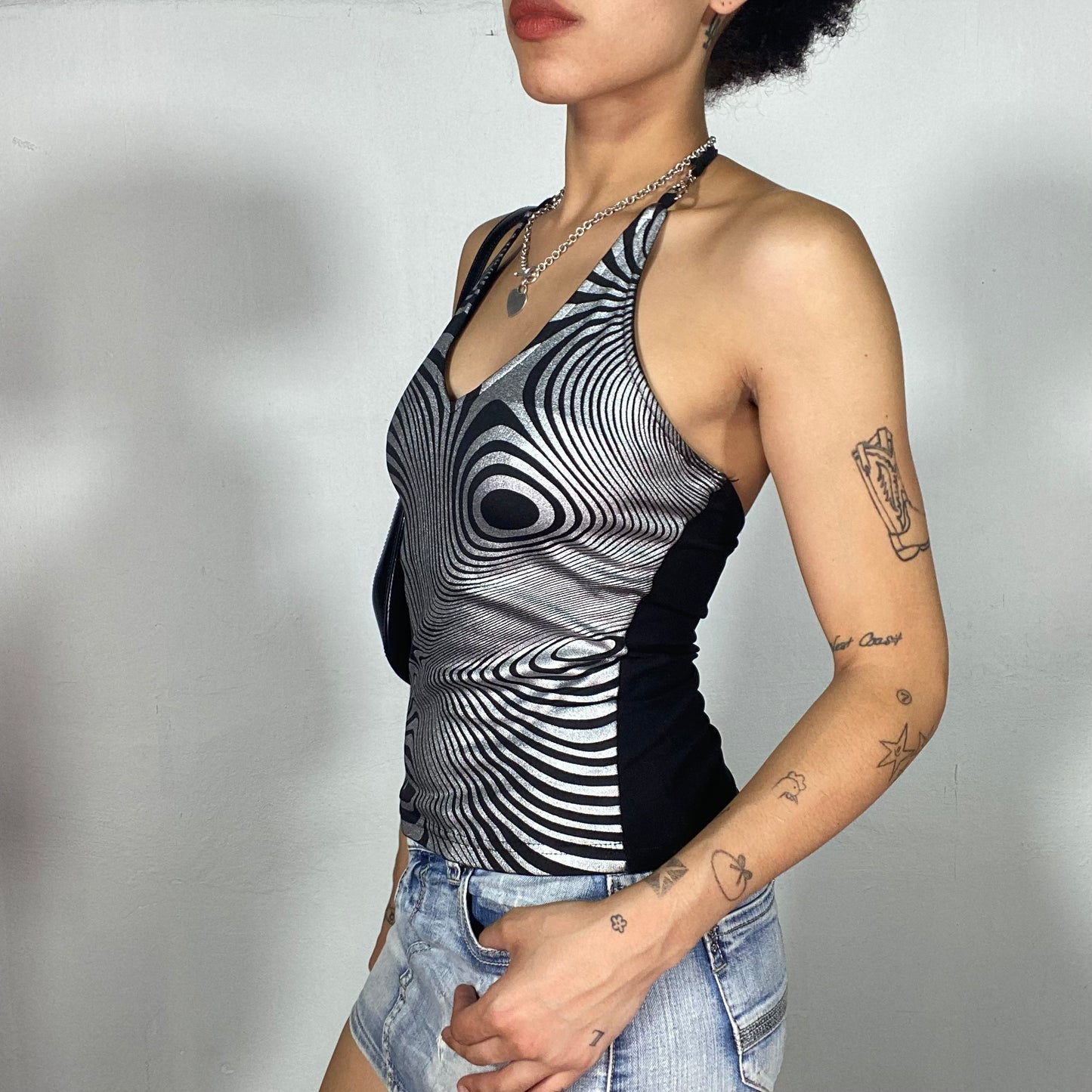 Vintage 90's Funky Silver Psychedelic Print Halter Neck Tank Top (XS)