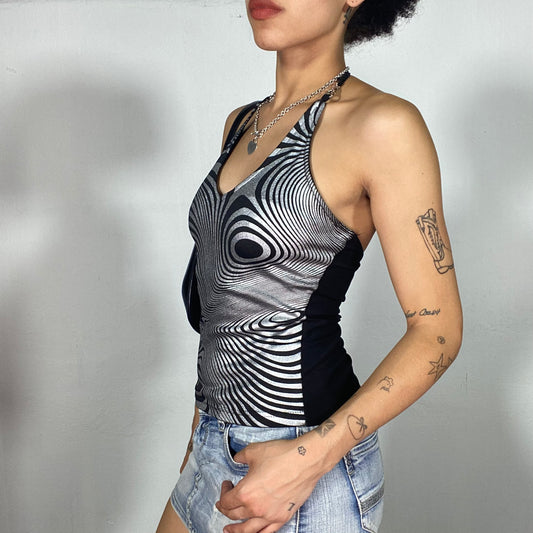 Vintage 90's Funky Silver Psychedelic Print Halter Neck Tank Top (XS)