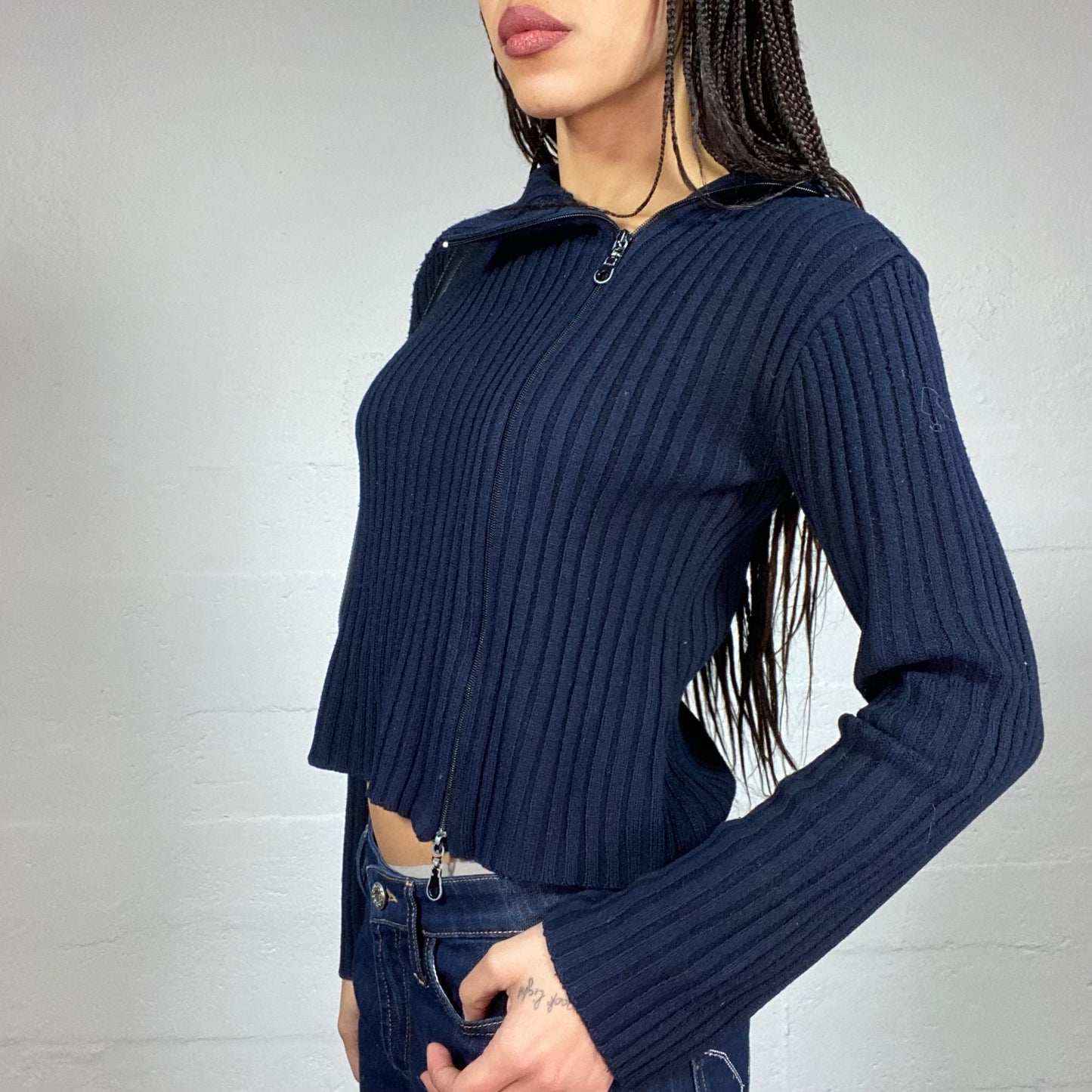 Vintage 2000's Sporty Navy Blue Side Zip Up Pullover with Asymmetric High Neck Detail (M)