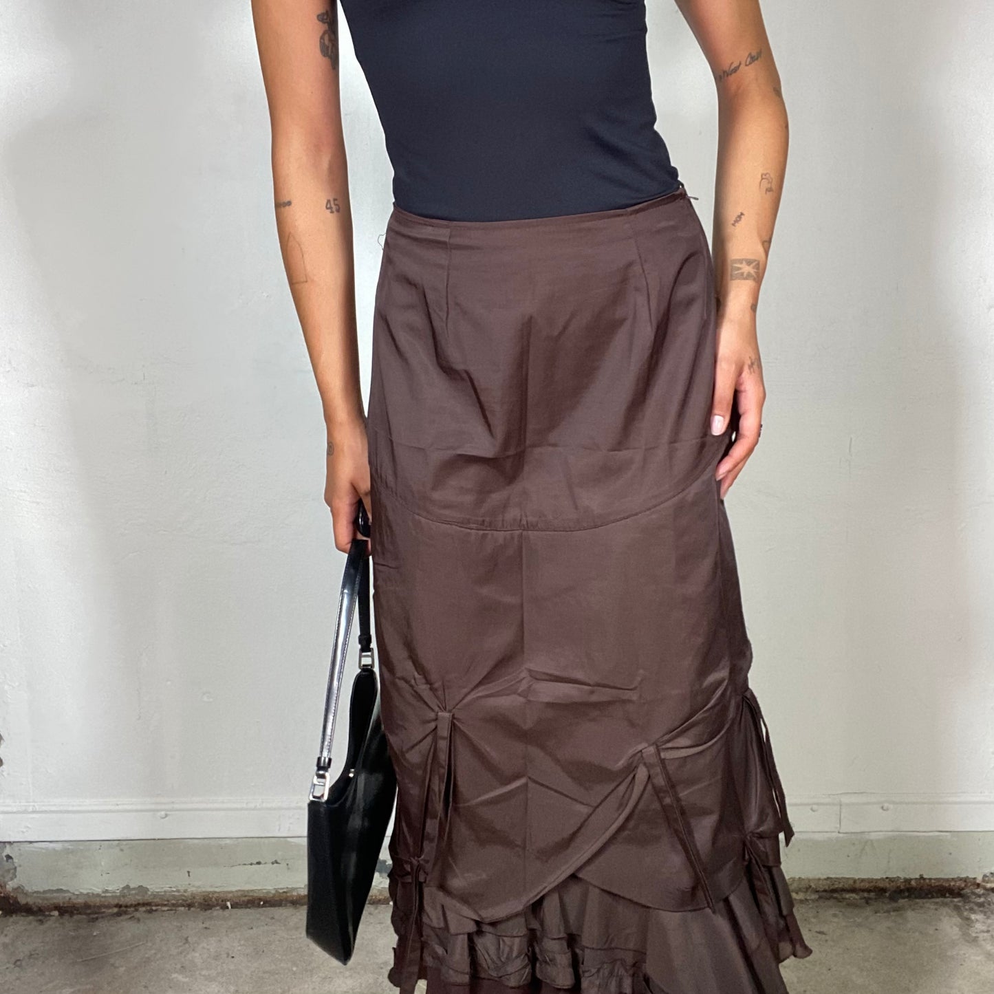 Vintage 90's Cyber Vibes Dark Brown Maxi Skirt with Layered Draped Design (S)