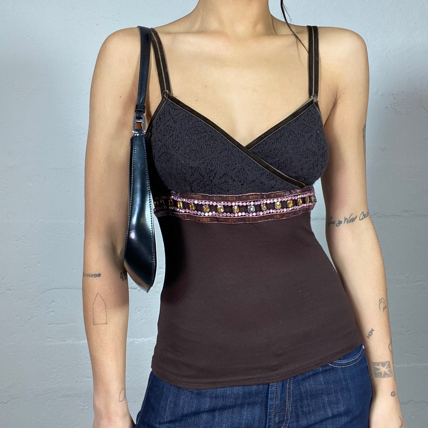 Vintage 2000's Boho Brown Top with Gold Rhinestones Waist Belt Detail (S)