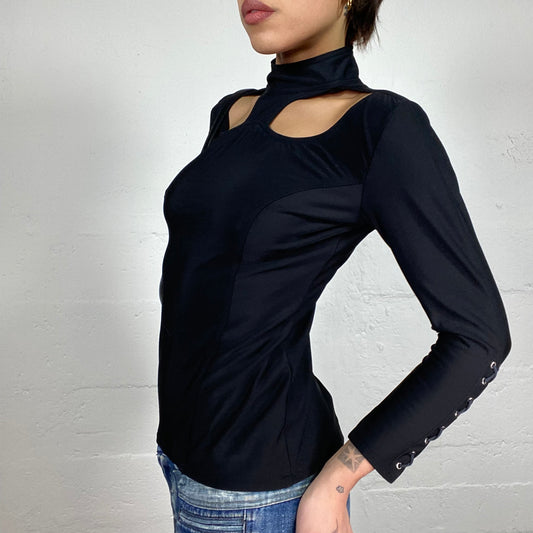 Vintage 90's Romantic Girl Black Longsleeve Highneck Top with Cut Out and Lace Up Detail (S)