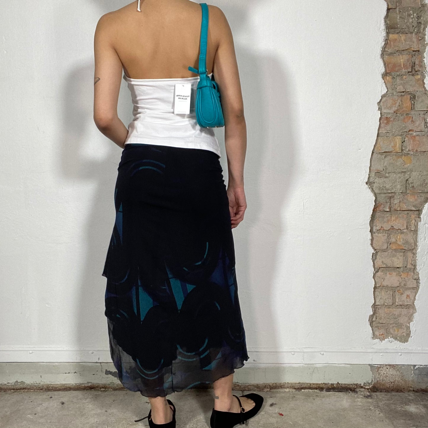 Vintage 90's Funky Black Mesh Asymmetrical Skirt with Blue Circle Print (S/M)