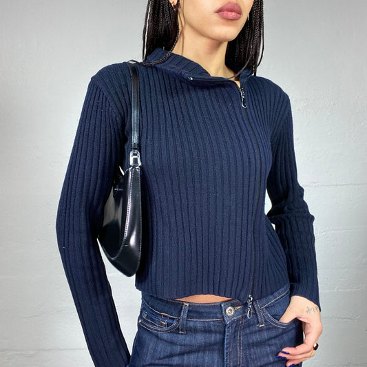 Vintage 2000's Sporty Navy Blue Side Zip Up Pullover with Asymmetric High Neck Detail (M)