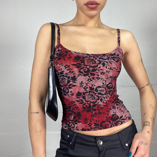 Vintage 2000's Vamp Goth Red Top with Black Floral Print Decoration (S)