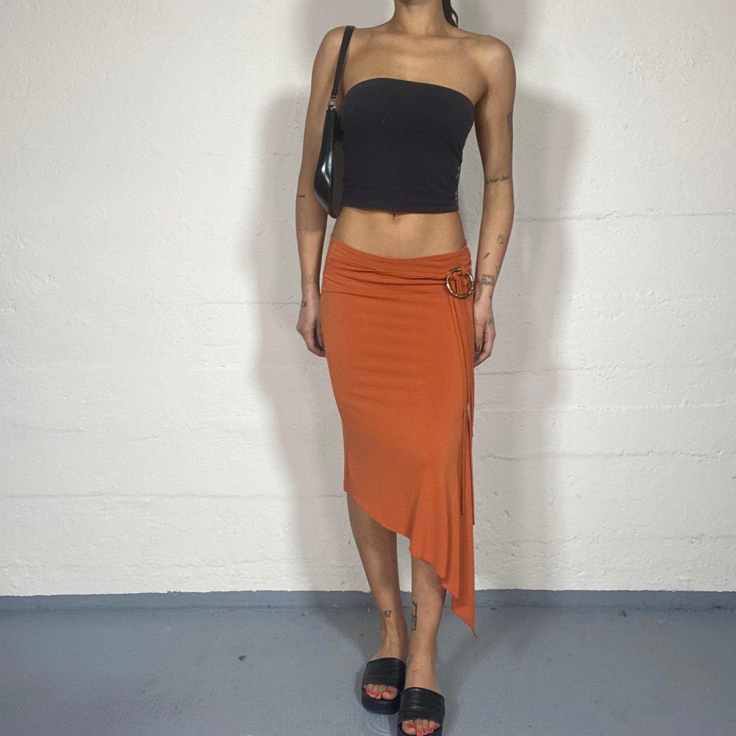 Vintage 2000's Fairy Orange Midi Skirt with Asymmetric Cut and Metal Ring Detail (S)