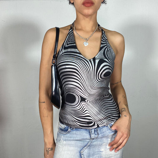 Vintage 90's Funky Silver Psychedelic Print Halter Neck Tank Top (XS)