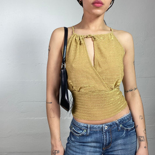 Vintage 2000's Clubwear Gold Cropped Top with Open Neckline Detail (S)