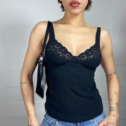 Vintage 2000's Lingerie Black Top with Laced Chest Detail and Ribbon (S)