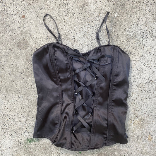 Vintage 2000's Clubwear Black Satin Corset Top with Lace Up Detail (M)