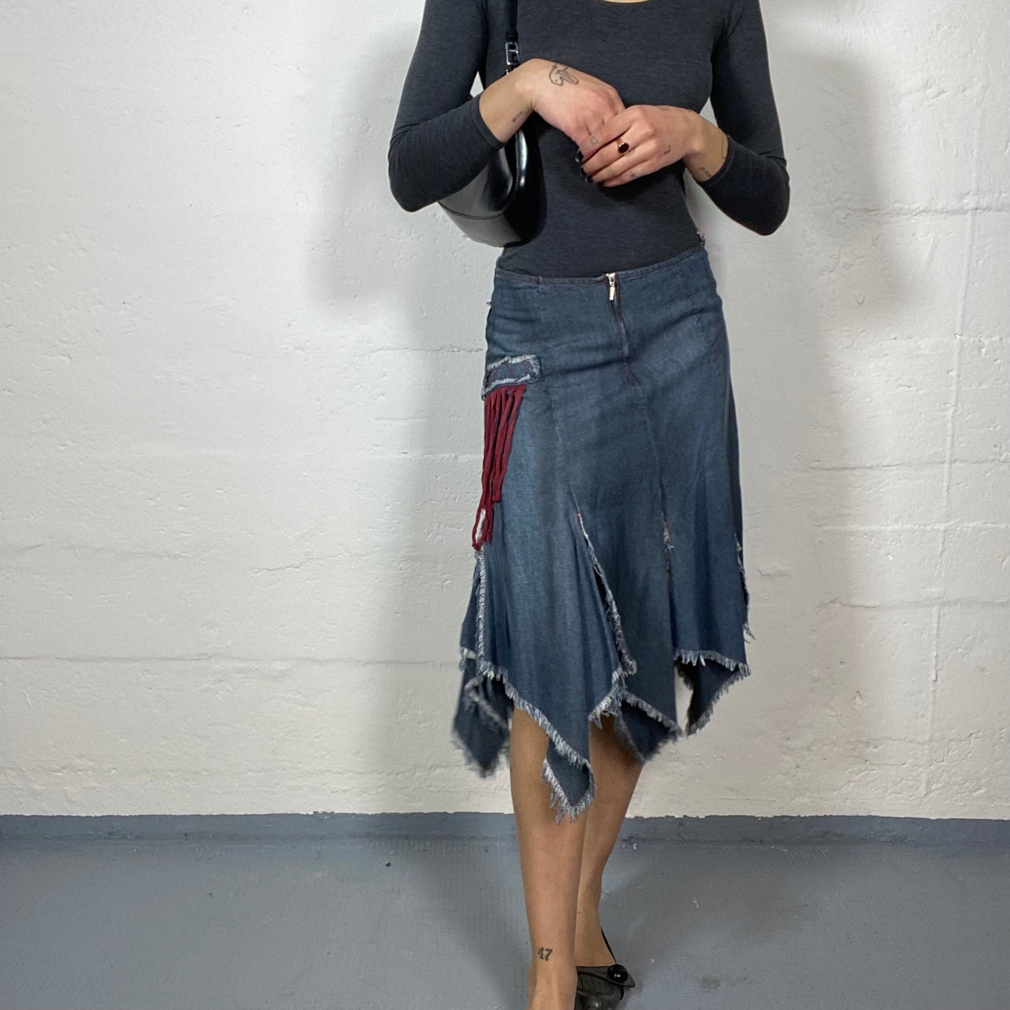 Vintage 90's Downtown Girl Denim Midi Skirt with Layered Deconstructed Cut Detail (M)