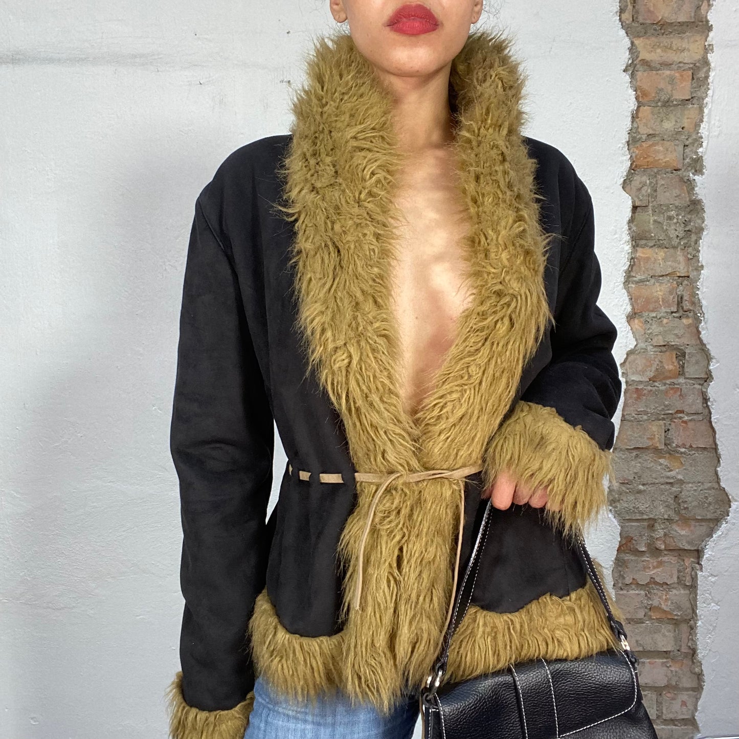 Vintage 2000's Grunge Black Afghan Coat with Beige Faux Fur Trim (S)