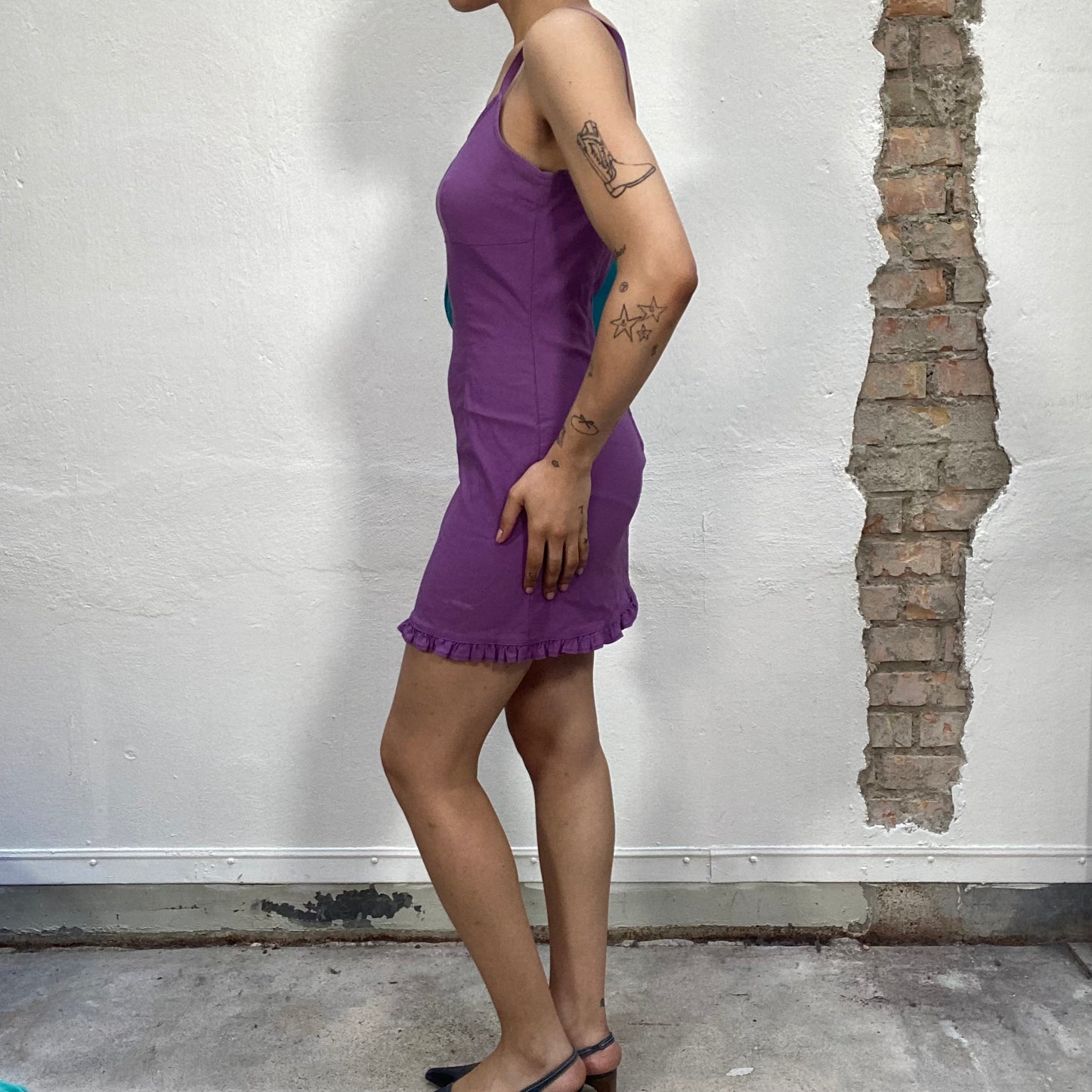 Vintage 2000's Summer Purple Mini Dress with Ruffle Trim (S)