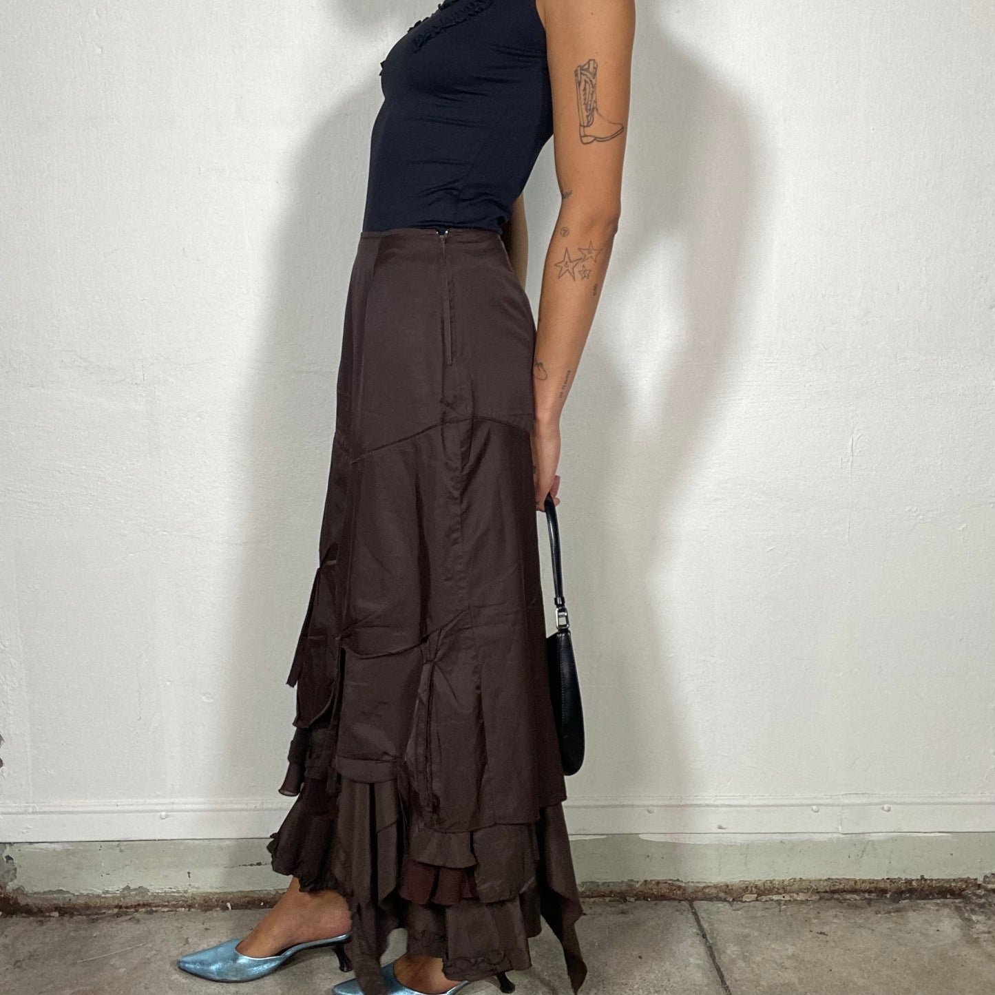 Vintage 90's Cyber Vibes Dark Brown Maxi Skirt with Layered Draped Design (S)