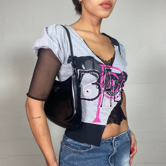 Vintage 2000's Avril Lavigne Grey Top with Pink "Baby" Print and Mesh Sleeves (S)