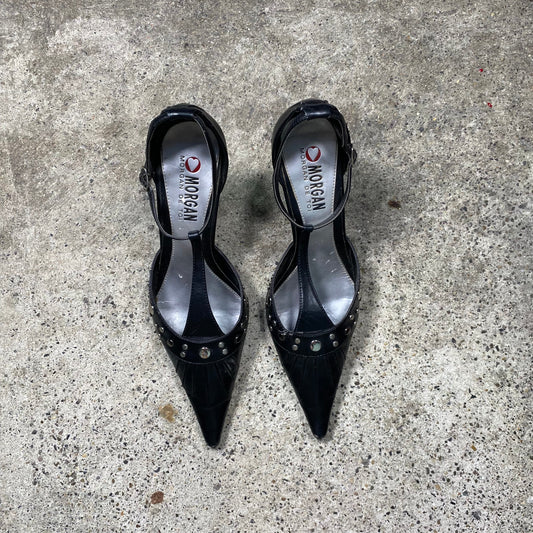 Vintage 2000's Morgan De Toi Black Pointy Heels with Silver Studs (39)