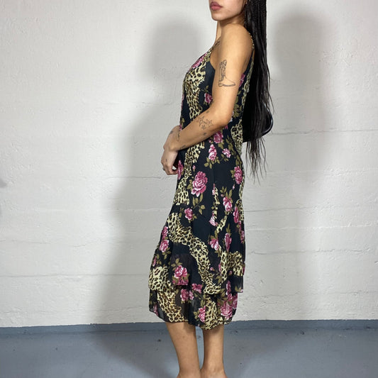 Vintage 90's Janice Black Maxi Loose Cut Dress with Cheetah and Purple Flowers Print (M)