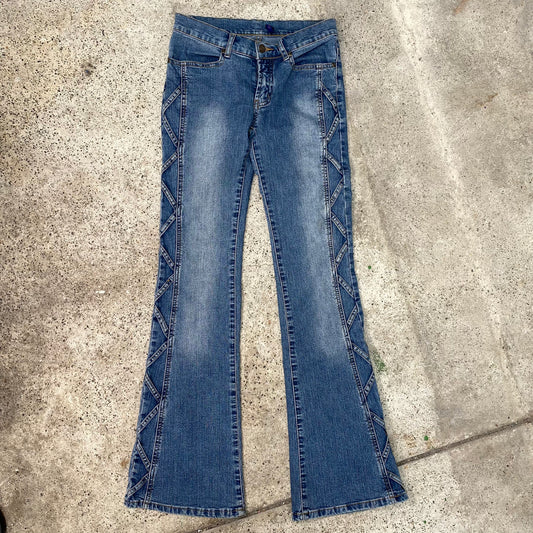 Vintage 90's Funky Light Wash Flared Jeans with ZigZag Side Details (XS)