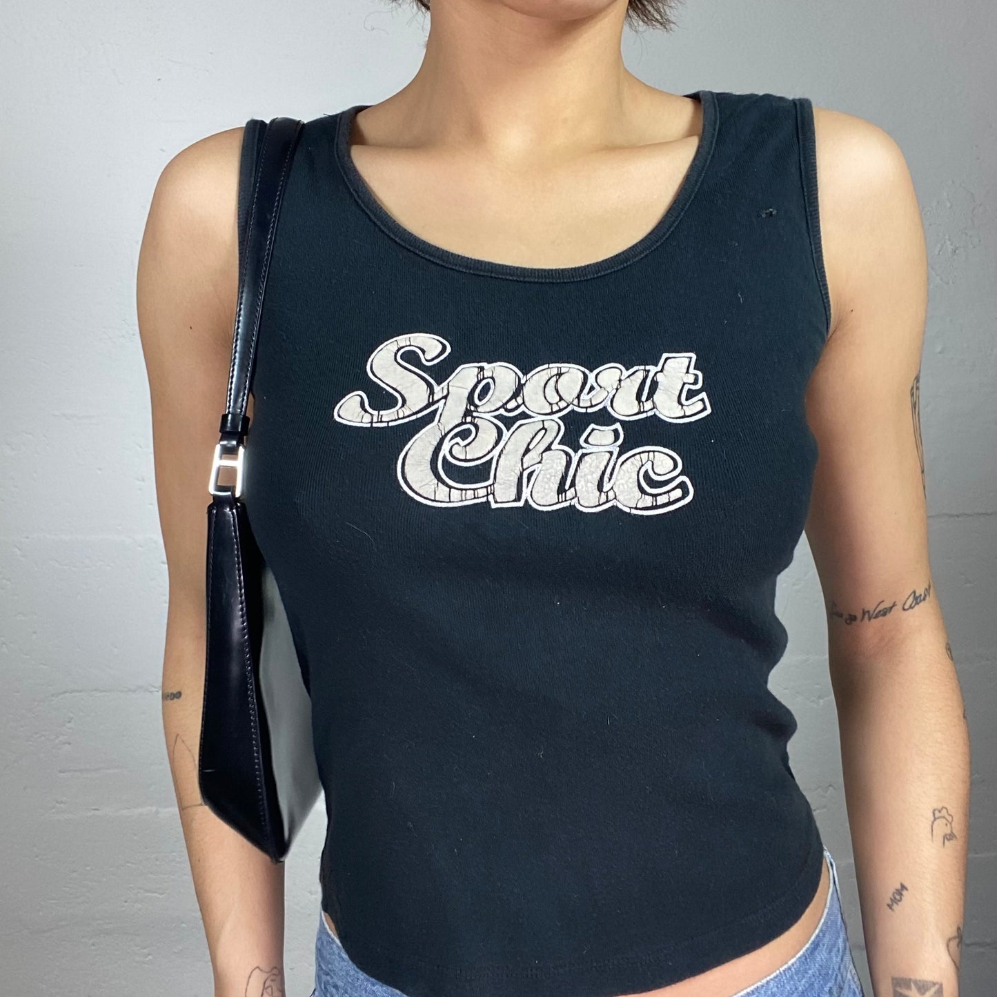 Vintage 2000's Downtown Girl Black Top with White "Sport Chic" Chest Print (S)