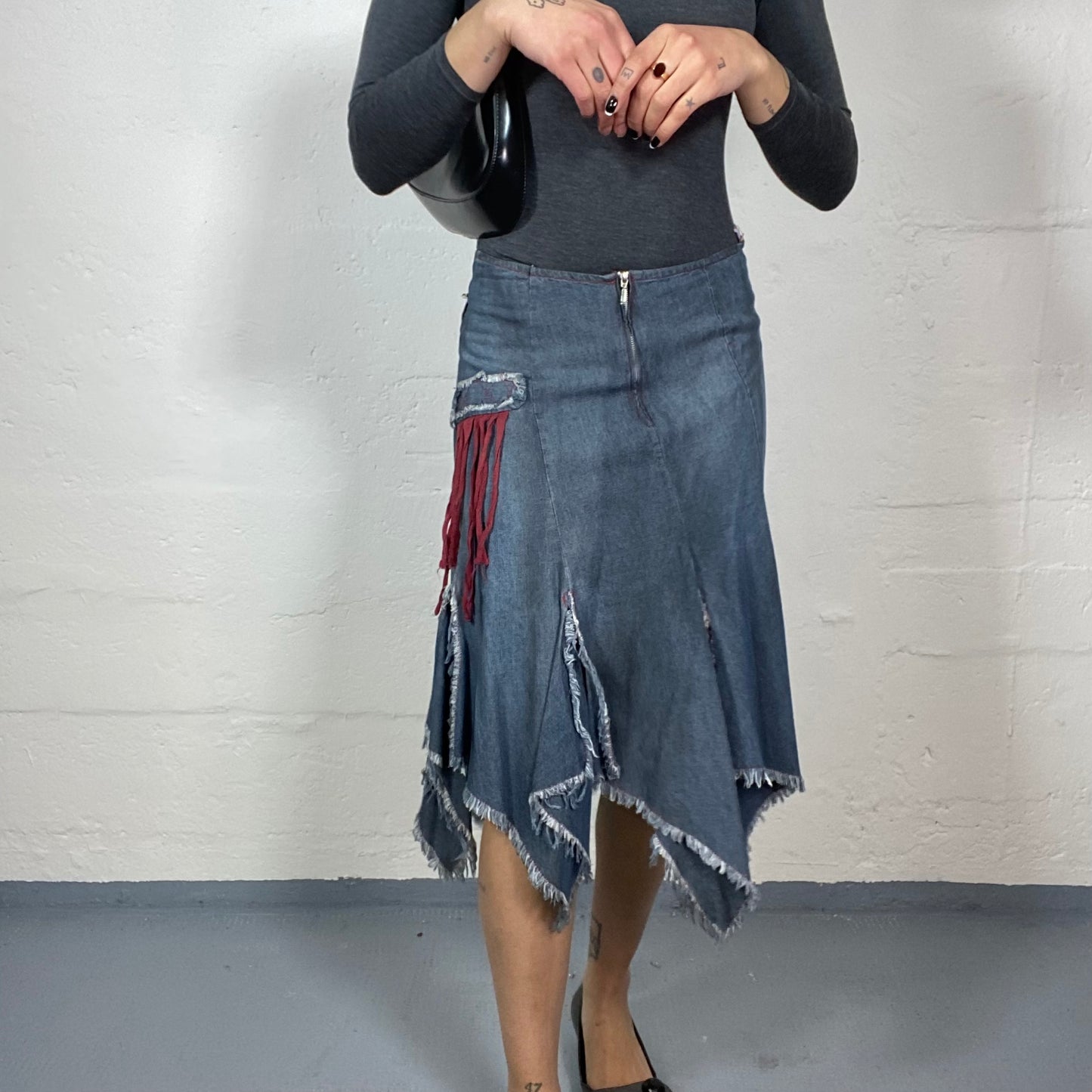 Vintage 90's Downtown Girl Denim Midi Skirt with Layered Deconstructed Cut Detail (M)