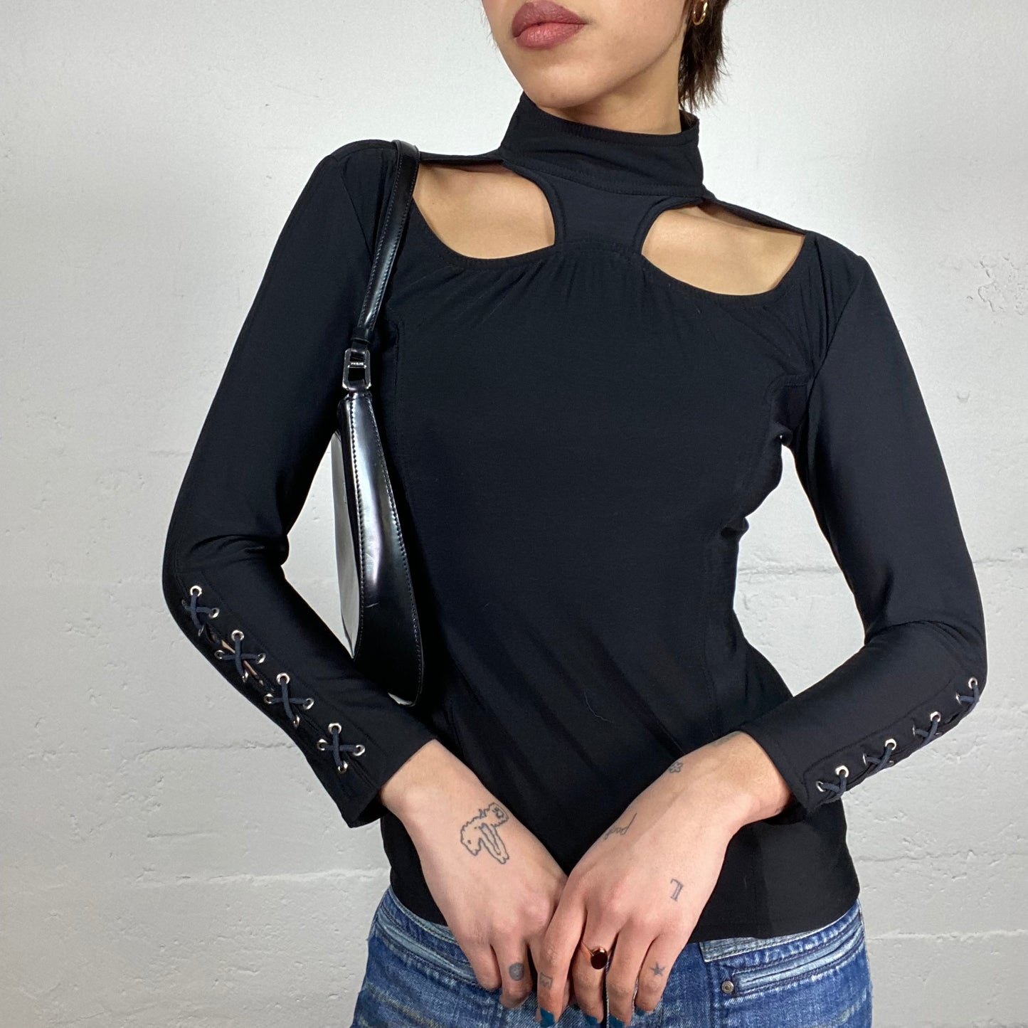 Vintage 90's Romantic Girl Black Longsleeve Highneck Top with Cut Out and Lace Up Detail (S)