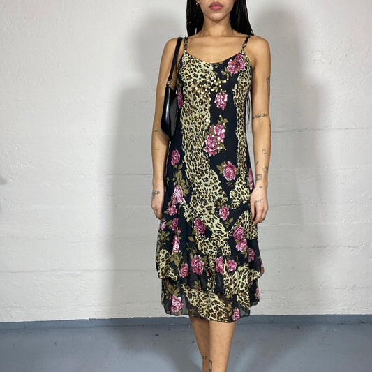 Vintage 90's Janice Black Maxi Loose Cut Dress with Cheetah and Purple Flowers Print (M)