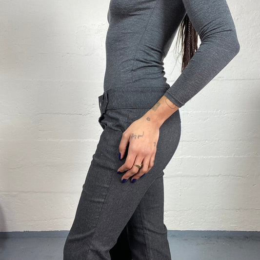 Vintage 2000's Gorpcore Grey Low Waist Pantsuit with Silver Maxi Belt and Boot Cut (M)