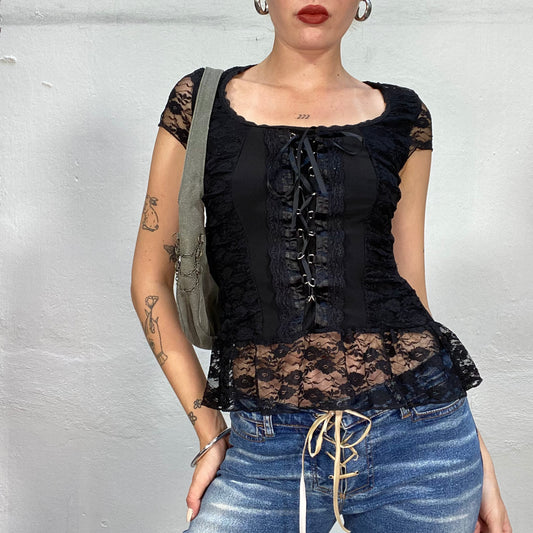 Vintage 2000's Gothic Black Lace Top with Corset Part (S/M)