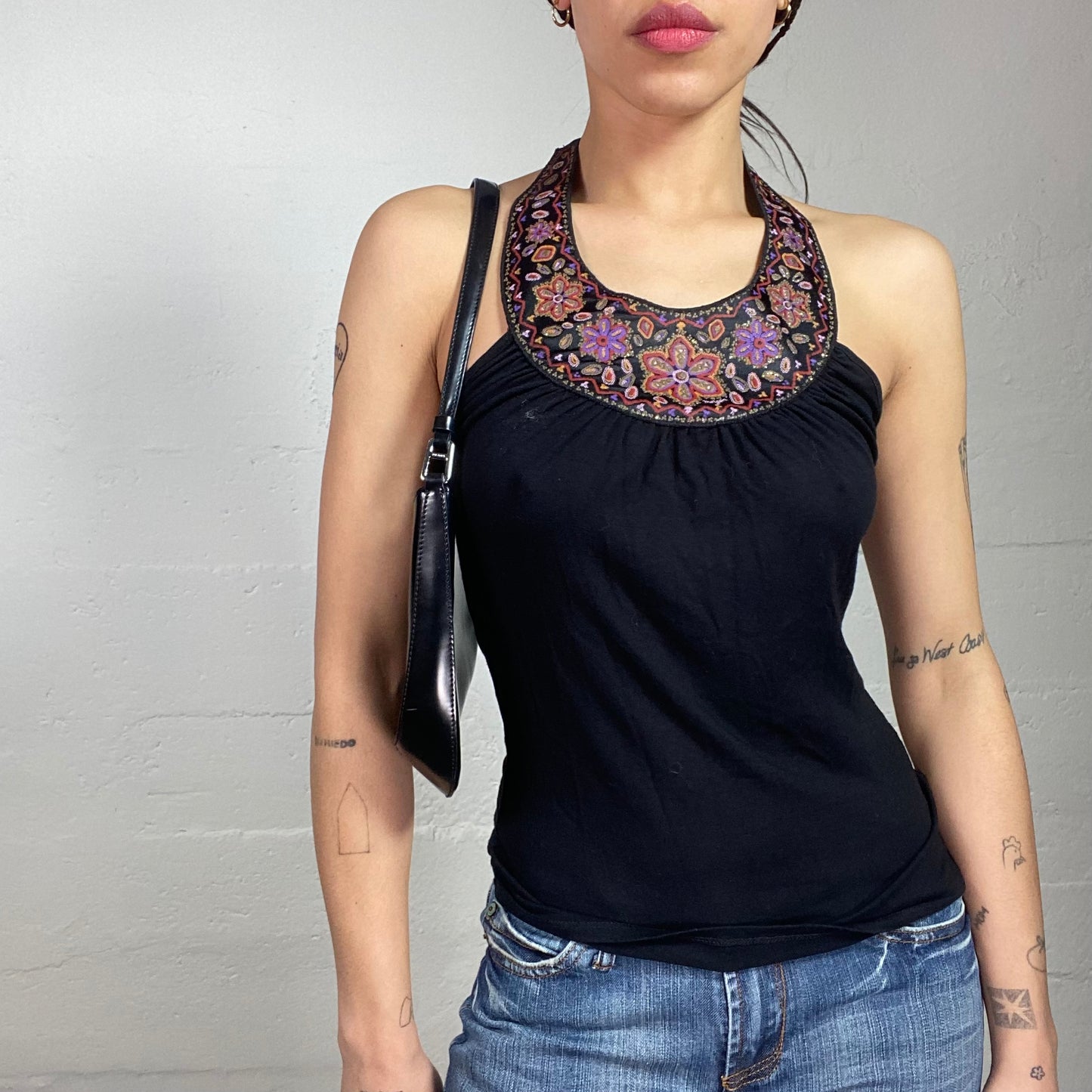 Vintage 2000's Sleaze Black Blouse Top with Round Collar with Floral Embroidery Detail (S)
