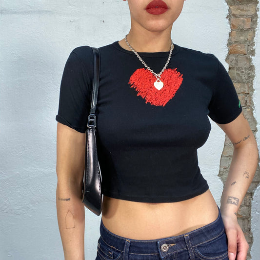 Vintage 2000's Downtown Girl Black Baby Tee with Red Heart Print (S)